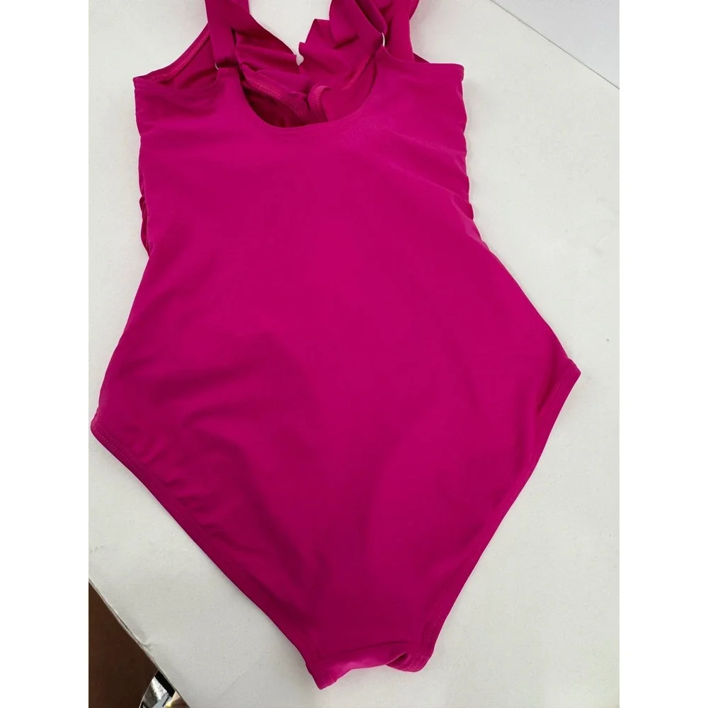 DKNY Pink Ruched Ruffle One Piece Swimsuit Adjustable Straps Pink Magenta Sz S - Picture 4 of 10